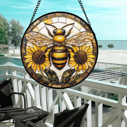 Stained Glass Window Hanging - Bee Sunflower Yellow Suncatcher Ready to Hang Window Doors Home Decoration and Christmas, Mother's Day Birthday Gifts for Women, Men, and Mom 14.9x14.9 in