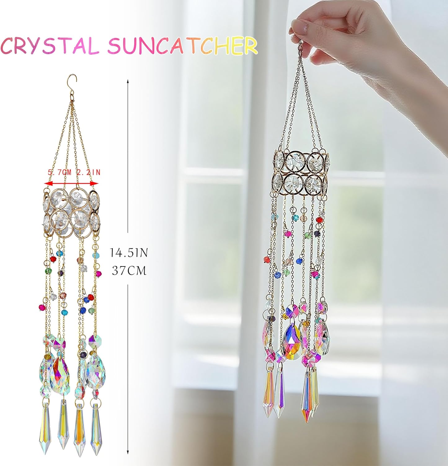 HDCRYSTALGIFTS Crystal Suncatchers, Hanging Crystals Sun Catcher with Colorful Beads Chain Rainbow Maker for Window Indoor Outdoor Home Office Garden Decoration