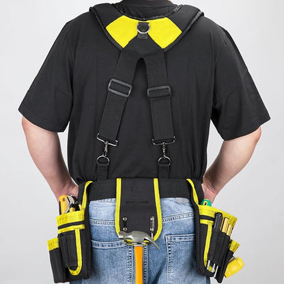 Tool Belt With Suspenders, 24 Pockets Tool Bag with Magnetic Wristband, Detachable Tool Pouch Bag, Adjustable Waists for Men Electrician Carpenter Construction (Yellow)