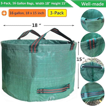 Standard 3-Pack 16 Gallons Home Garden Bags (D18, H15 inches) with Coated Gardening Gloves,Leaf Waste Bags,Patio Bag,Reusable Trash Can,Lawn Yard Waste Bags,Laundry Container with 4 handles