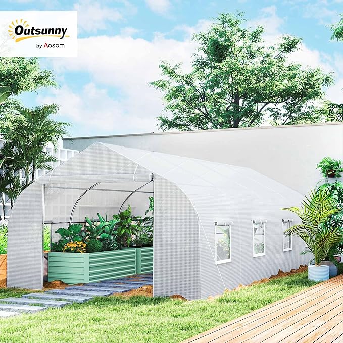 Outsunny 20' x 10' x 7' Outdoor Walk-in Greenhouse, Tunnel Green House with Roll-up Windows, Zippered Door, PE Cover, Heavy Duty Steel Frame, White