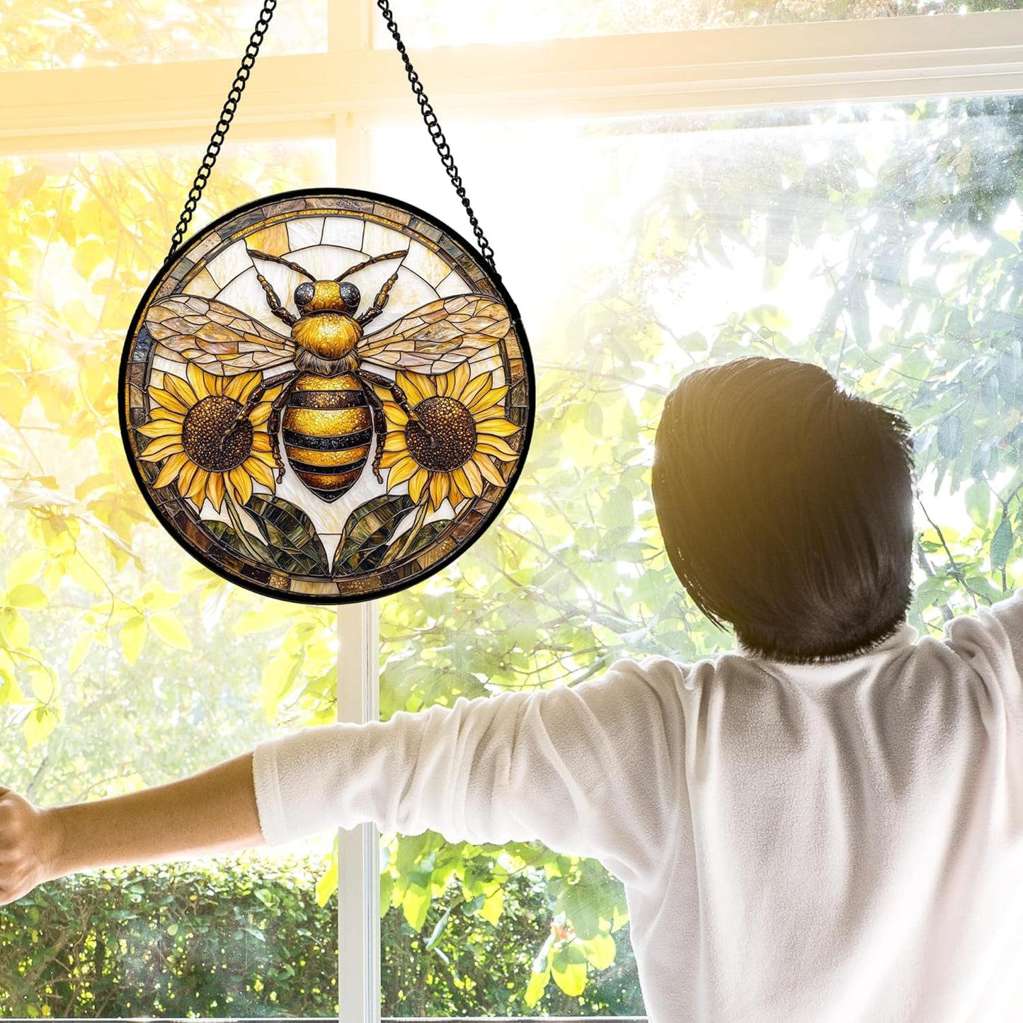 Stained Glass Window Hanging - Bee Sunflower Yellow Suncatcher Ready to Hang Window Doors Home Decoration and Christmas, Mother's Day Birthday Gifts for Women, Men, and Mom 9.8x9.8 in