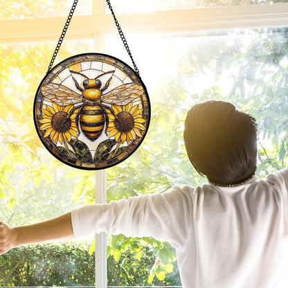 Stained Glass Window Hanging - Bee Sunflower Yellow Suncatcher Ready to Hang Window Doors Home Decoration and Christmas, Mother's Day Birthday Gifts for Women, Men, and Mom 9.8x9.8 in