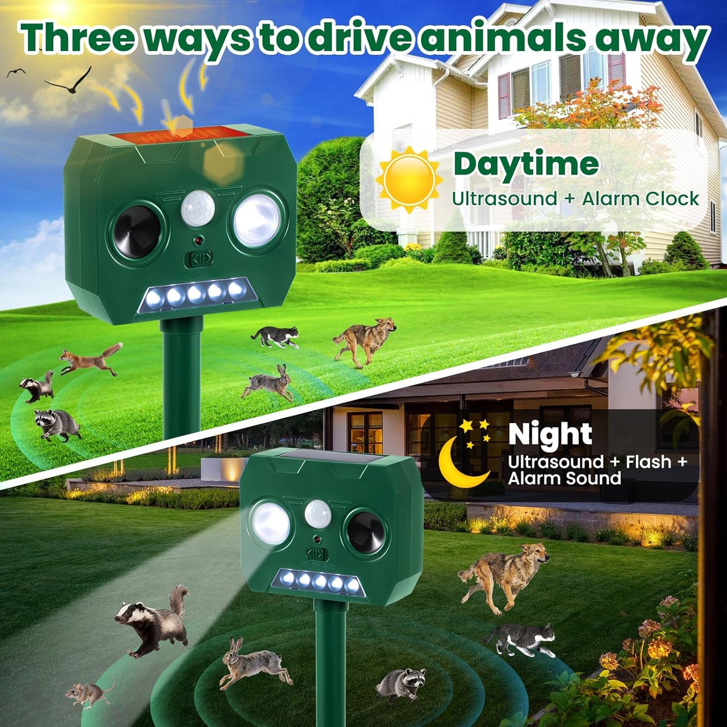 Solar Ultrasonic Animal Repellent Outdoor, 2 Pack Cat Squirrel Raccoon Bird Dog Deer Repellent Devices with PIR Motion Sensor ＆ LED Flash, Waterproof Animal Deterrent for Garden Yard Farm