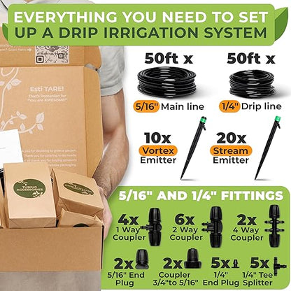 CARPATHEN Adjustable Premium Complete Drip Irrigation System Kit for Garden, Raised Beds with Drip Emitters, 5/16" and 1/4" Irrigation Tubing and Barbed Fittings