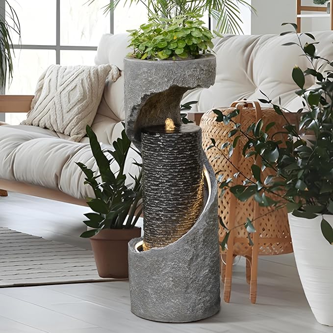35.4" H Indoor Water Fountain Water Feature Outdoor for Garden, Patio, Deck Decorations, Yard, Porch, Office with Lights Spiral Water Fall Fountains Outside Home Art Decor