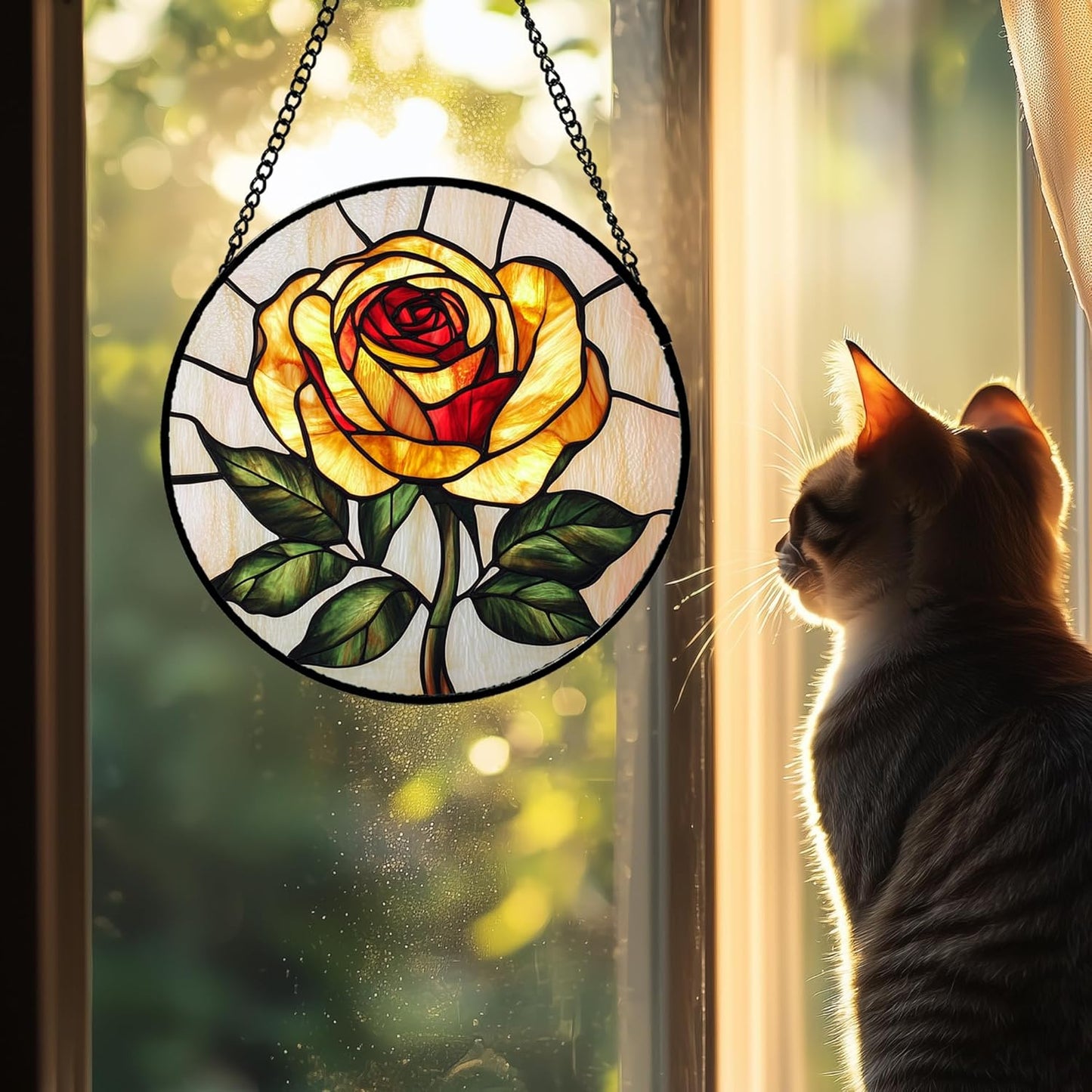 Stained Glass Window Hanging - Elegant Yellow Rose Flower Sun Catcher for Door Garden Home Decor Suncatcher Christmas Mother's Day Birthday Gifts for Women Mom Girl Nana Friend 11.8 in