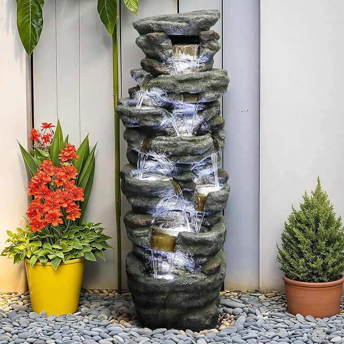 SunJet 51" High Multi-Tiers Cascading Rock Outdoor Water Fountain with LED Lights - Large Outdoor Resin Fountains and Waterfalls for Garden or Patio, Yard, Deck Decor, Featuring Natural Stone Look