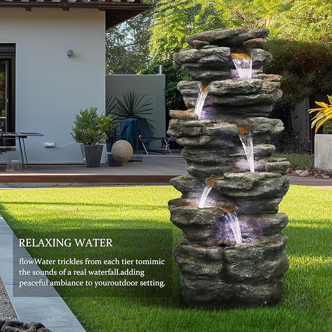 SunJet 40" High 6-Tiers Cascading Rock Outdoor Water Fountain with LED Lights - Large Outdoor Fountains and Waterfalls for Garden or Patio, Yard, and Deck Decor, Featuring Natural Stone Look
