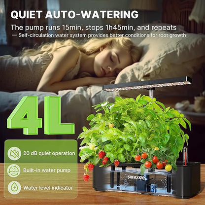 SUNCOZE Hydroponics Growing System Kit 12 Pods, 24W LED Grow Light Indoor Garden, 4L Water Tank with Quiet Pump, Adjustable Height Herb Garden Planter Indoor Kit, Gardening Gifts, Black