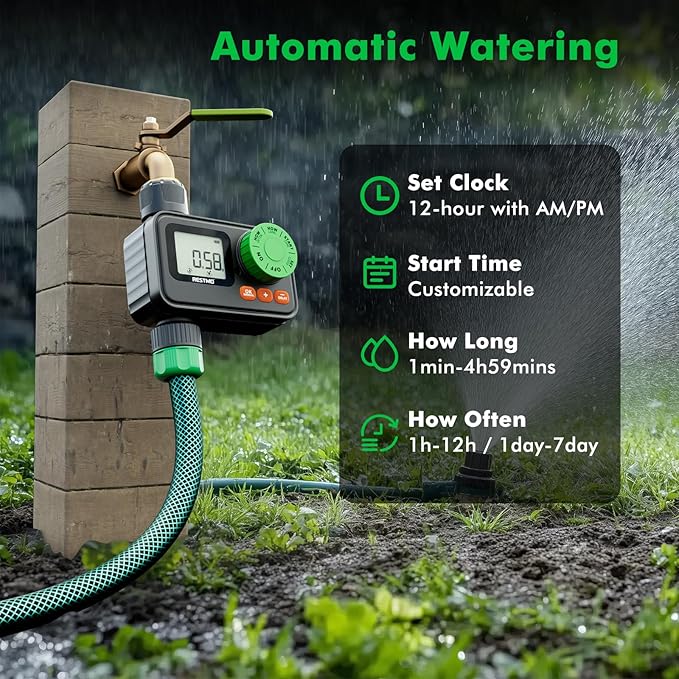 RESTMO Sprinkler Timer, Programmable Water Timer for Garden Hose, Automatic Control | Manual ON/Off | Rain Delay for Outdoor Faucet, Drip Irrigation and Lawn Watering System