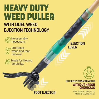 Papa's Tools Weed Puller Tool, 44" Stand Up Weeder Garden Tools & 4 Claw Steel Head, Dual Weed Eject Tech. Made with Real Bamboo & Long Wooden Handle, Yard Weeding Remover for Gardening Men & Women