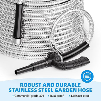 SPECILITE Metal Garden Hose 100ft Heavy Duty 304 Stainless Steel Water Pipe for Yard, Outdoor - Durable, Tough & Flexible, Kink & Tangle Free, Pet-proof, Puncture Resistant with Independent Grip