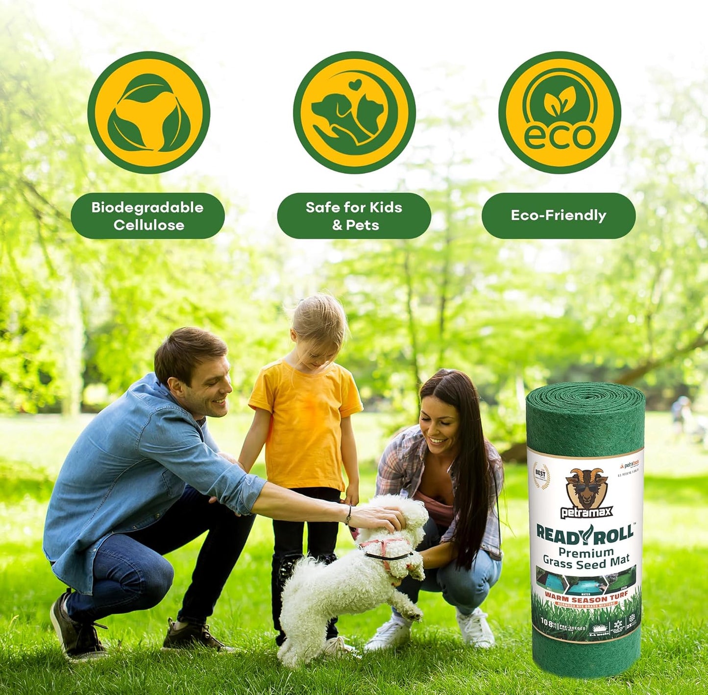 Petramax ReadyRoll Biodegradable Grass Seed Mat for Lawn (54 ft.) - All Year Green 3-in-1 Tall Fescue & Kentucky Grass Seed Rolls w/Mulch & Fertilizer - Lawn Repair Patch - Just Roll, Water, Grow