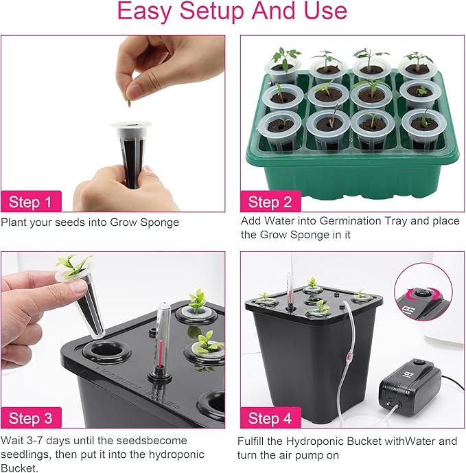 DWC 2 Hydroponic Buckets Kit for Plants, Hydroponics Growing System for Herbs/Tomato/Vegetables, DWC System with Air Pump & Germination Tray (Complete Indoor Hydroponic Gardening Supplies) (Black)