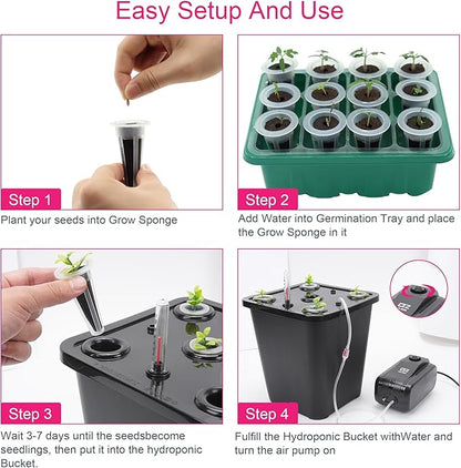 DWC 2 Hydroponic Buckets Kit for Plants, Hydroponics Growing System for Herbs/Tomato/Vegetables, DWC System with Air Pump & Germination Tray (Complete Indoor Hydroponic Gardening Supplies) (Black)