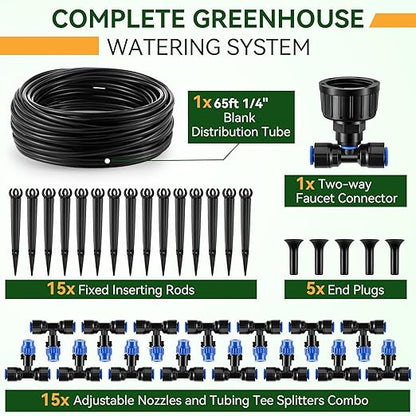 Meonum 65FT Garden Watering System, Quick Connector Drip Irrigation Kit, Hanging Plant Misting System Kit for Greenhouse, Yard, Lawn, Raised Bed with 1/4 inch Blank Tubing and Accessories(1 Pack)