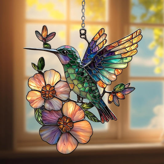 Hummingbird and Flower Acrylic Suncatcher Stained Glass Effect Window Car Hanging Christmas Ornament Outdoor Indoor Decor Garden Sun Catcher Panel for Bird Lover for Women Mom Grandma
