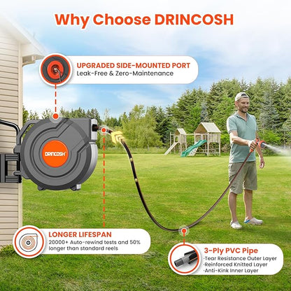 Upgraded Retractable Garden Hose Reel 1/2" x 155 ft Pro 180° Swivel Metal Bracket Automatic Retract Heavy Duty Hose Reels Wall Mount Any Length Lock 9 Pattern Nozzle Garden Watering