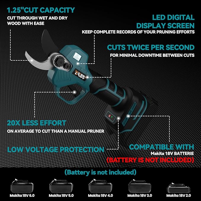 Brushless Electric Pruning Shears for Makta 18V Battery, Portable Cordless Pruning Shears with LCD Display＆SK5 Blades, Adjustable Cutting Diameter 0.8-1.2 Inch for Gardening Tree Pruning(NO Battery)