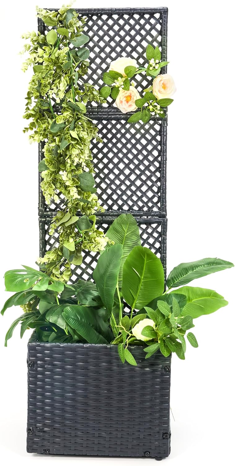 HPC Decor 46" Planter Box with Trellis- Outdoor Raised Garden Bed with Non Woven Bags, Handwoven Garden Bed with Trellis, Free-Standing Planter Box for Climbing Plants/Vines and Garden,Patio,Balcony.