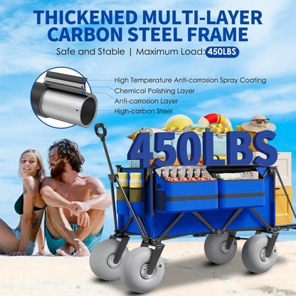 Beach Wagon with Big Wheels for Sand - 450lbs Load Heavy Duty Wagons Carts Foldable with 9" All Terrain Inflatable Tires, Collapsible Beach Cart for Grocery Shopping Garden Sports Camping Outdoor