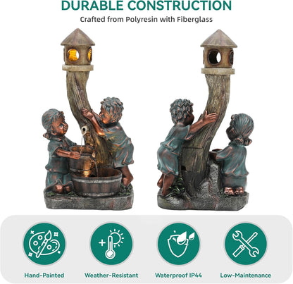 31" Resin Outdoor Water Fountain with LED Lights, Boy-Girl, Pagoda and Wood Barrel Garden Fountain, 3-Tier Cascading Waterfall for Tranquil Backyard, Patio or Porch, Faux Bronze Finish