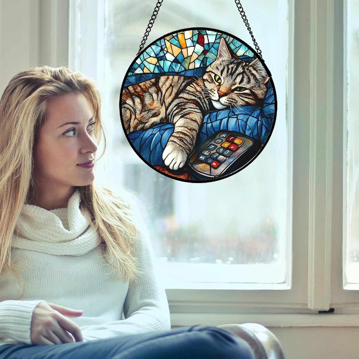 Stained Glass Window Hanging Gray Cat and Remote Control Large 15" - Suncatcher Door Garden Kitchen Sun Catcher Home Decor Birthday for Lost Pets Mom Men Woman Friend Grandma