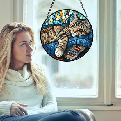 Stained Glass Window Hanging Gray Cat and Remote Control 7.8" - Suncatcher Door Garden Kitchen Sun Catcher Home Decor Birthday for Lost Pets Mom Men Woman Friend Grandma