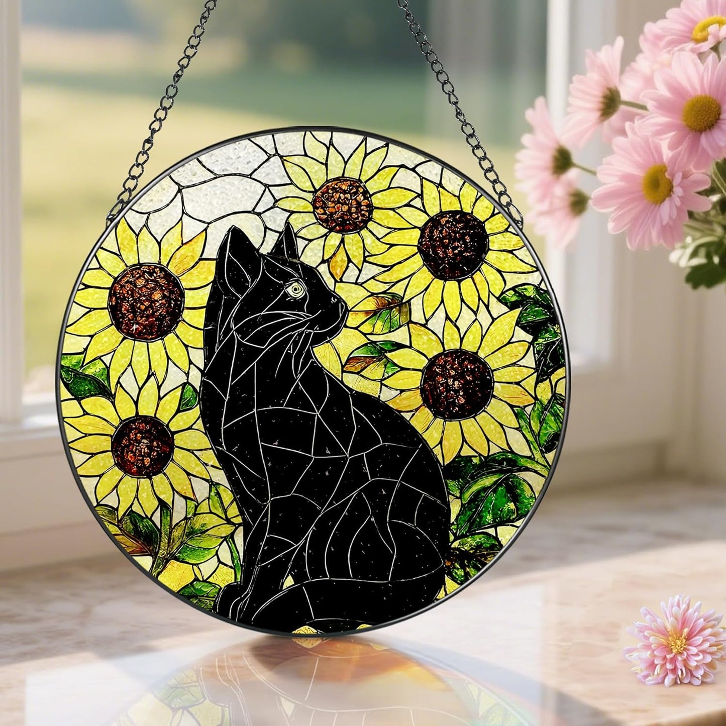 Stained Glass Window Hanging, Pauyadu 8 Inch Sunflower Black Cat Stained Glass Suncatcher, Cats Lover Gifts, Black Cat Memorial Ornament, Window Hanging Decor, Pet Gift, Gifts for Women, Mom