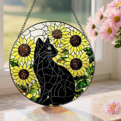 Stained Glass Window Hanging, Pauyadu 8 Inch Sunflower Black Cat Stained Glass Suncatcher, Cats Lover Gifts, Black Cat Memorial Ornament, Window Hanging Decor, Pet Gift, Gifts for Women, Mom