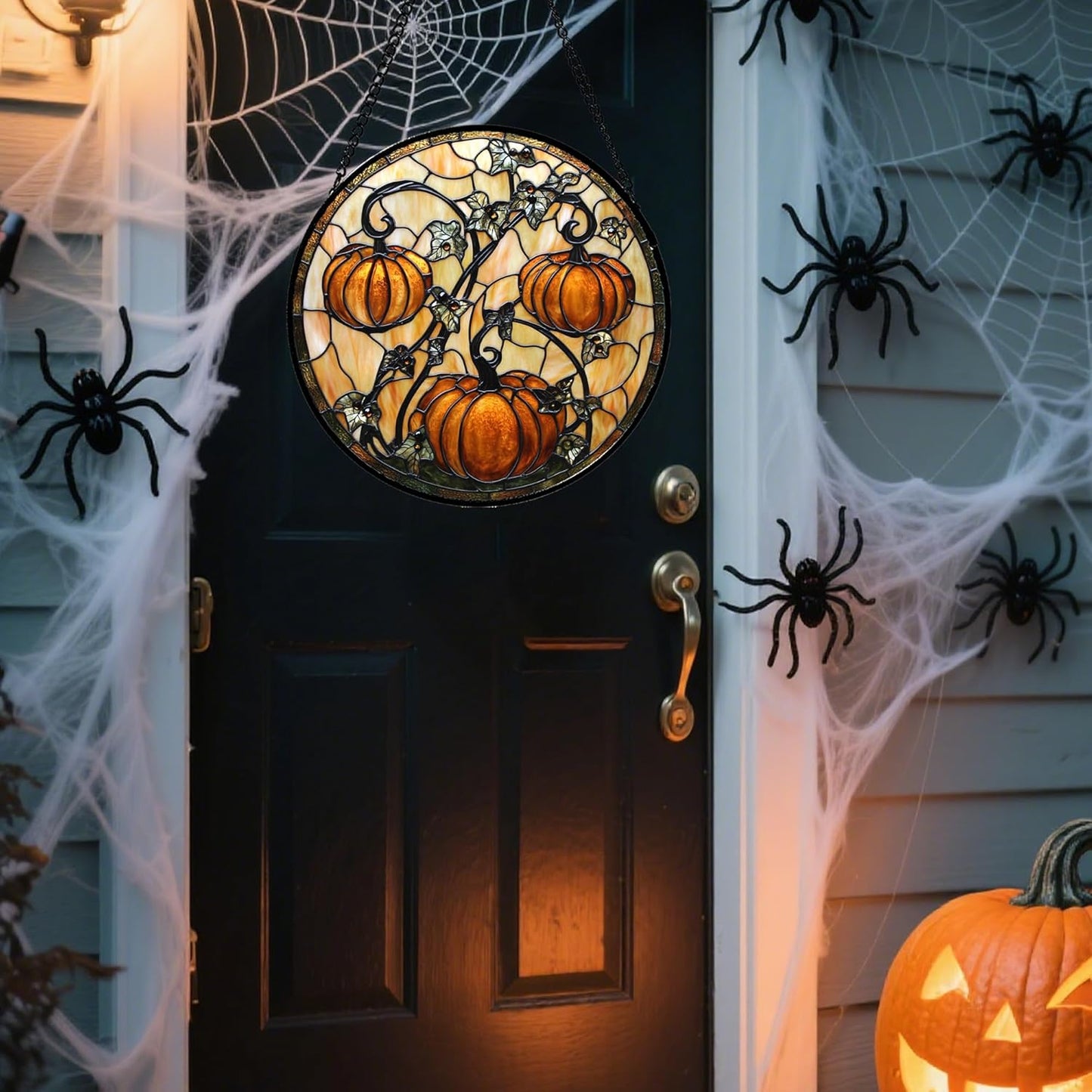 Stained Glass Window Hanging - Halloween Decoration Orange Pumpkin Vine Leaves Suncatcher for Door Garden Spooky Sun Catchers Gothic Decor Horror Gifts for Women Men Friend Boy Girl 6.3 in