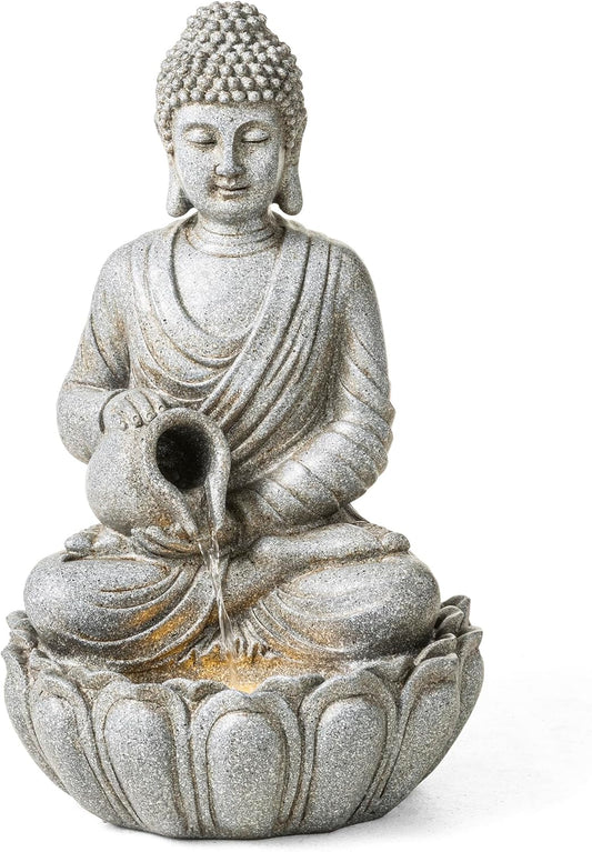 Glitzhome Buddha Fountain Outdoor 21" H, 2-Tier Zen Style Concrete Meditating Buddha Statues Water Fountains with Pump & LED Light, Buddhas Floor Fountains Sculpture for Garden Patio Backyard
