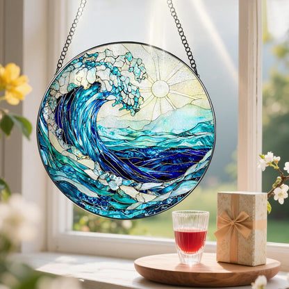 Stained Glass Window Hanging, 8 Inch Ocean Waves Stained Glass Suncatcher, Window Hanging Decor, Beach Decor, Ocean Suncatcher Gift, Beach Lover Gift, Gifts for Couples Friends Family