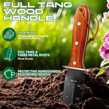 Hori Hori Garden Knife, Gardening Tools with Leather Sheath for Weeding, Gardening, Digging, 7” Stainless Steel Blade with Double Cutting Edge, Full Tang Wood Handle with Hanging Hole