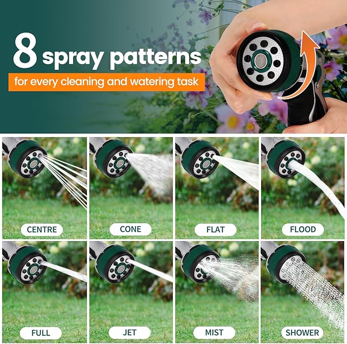 Garden Hose Nozzle, Heavy Duty Metal Water Hose Sprayer Nozzle with 8 Spray Patterns, High Pressure Handheld Nozzle with Flow Control for Lawn & Plant Watering, Car Washing – Forest Green