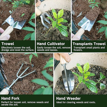 Gardening Tool Set 10 Pieces, Heavy Duty Stainless Steel Garden Tool Set Hand Tools with Roomy Lightweight Floral Tote Bag, Rust-Proof Garden Tools for Gardening, Ideal Gardening Gifts for Women Mom