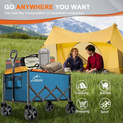 Collapsible Folding Wagon Cart, 350LBS Utility Large Capacity Cart Foldable Wagon with All Terrain Wheels, Grocery Wagons Carts for Garden Shopping Sports Camping, Blue