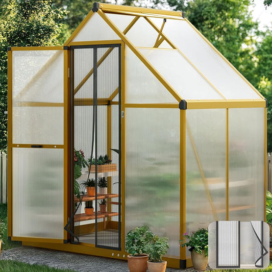 KING BIRD Greenhouse for Outdoors, 4x6 FT Polycarbonate Walk-in Green House, Quick-Setup Aluminum Frame UV Resistant Panel for Outside Garden Backyard W/ Lockable Screen Door, Vent, Wood-Like