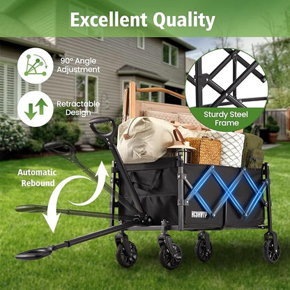 Collapsible Heavy-Duty Wagon Cart with PVC Wheels, Portable Folding Outdoor Utility Wagon for Sports, Garden, Grocery Shopping,Camping, Transportation,Hauling (120L)