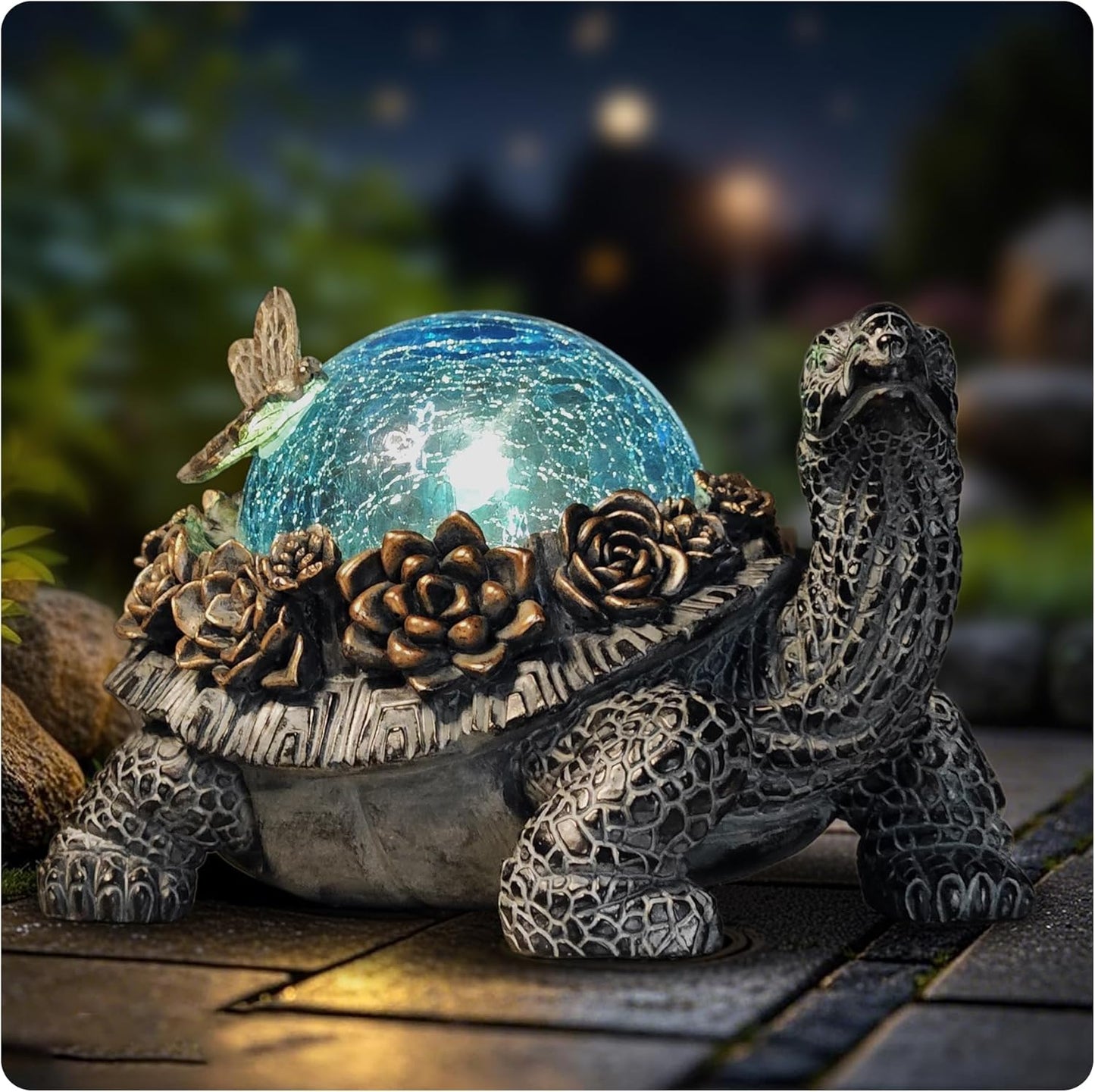 Outdoor Turtle Statue – Resin Animal Figurine with Blue Crystal Solar Lights,Golden Succulent Accents & Dragonfly Decor, Cute Garden Ornament, Yard Art for Lawn, Patio,Mom Wife Unique Gifts