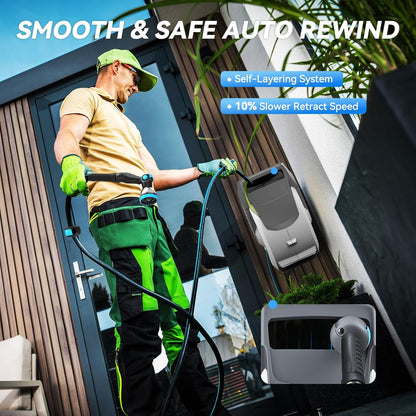 Retractable Garden Hose Reel 100 ft x 1/2 in, Heavy Duty Hose Reel Wall Mount with Any Length Lock, Auto Rewind System, 180° Swivel Bracket, 10-Pattern Garden Hose Nozzle, White & Grey