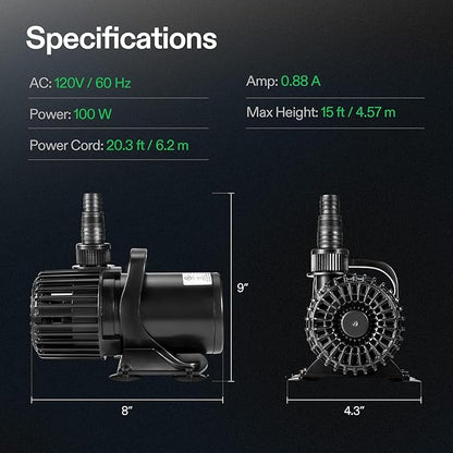 VIVOSUN 1600 GPH Submersible Water Pump, 100W Pond Pump, Ultra Quiet Aquarium Pump with 15FT. Lift Height for Pond, Waterfall, Fish Tank, Statuary, Hydroponic
