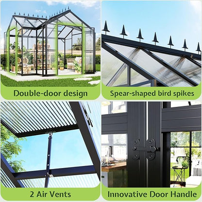 AMERLIFE 12x10x8 FT Hybrid Polycarbonate Walk-in Greenhouse for Outdoors, Aluminum Frame with Quick-Connect Assembly, Double Doors, Ventilation for Backyard Garden, Black