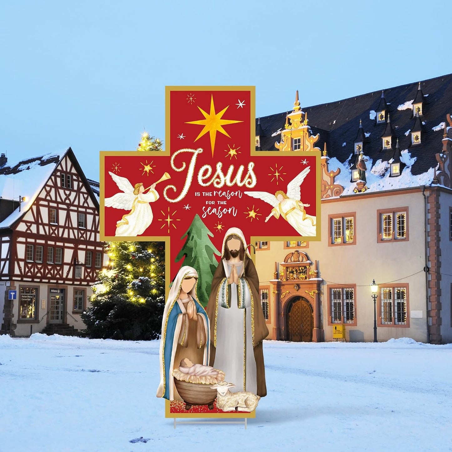 Aneco 47.2 Inch Large Christmas Holy Nativity Yard Sign Jesus is The Reason for The Season Lawn Signs with Metal Stakes Religious Christian Inspirational Decor for Xmas Outdoor Holy Family Garden
