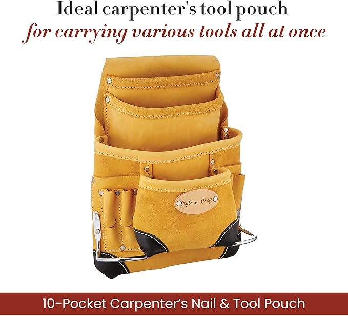 Style n Craft 10-Pocket Carpenter’s Nail & Tool Pouch, Heavy-Duty Leather Tool Pouch, Perfect and Durable Full-Grain Leather Pouch, Yellow with Black Leather Corners (#93923)