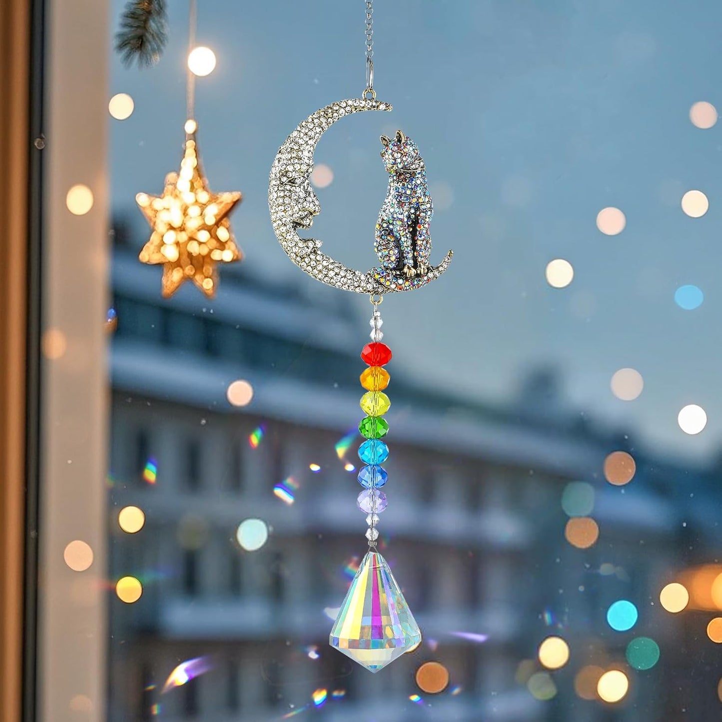 H&D HYALINE & DORA Crystal Suncatchers Moon Cat Sun Catchers Hanging Ornament with Chakra Beads Prism Pendant Pet Memorial Suncatcher Rainbow Maker for Home Indoor Outdoor Decor