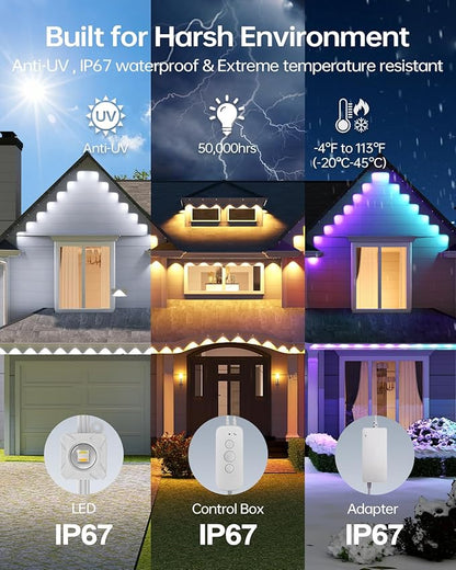 ASAHOM Permanent Outdoor Light Pro S108D, 200FT with 144 RGBCW LEDs, WLED Integration, AI Lighting, 30000 Lighting Effect Combination, IP67 Waterproof for Halloween Christmas Daily Decor, White