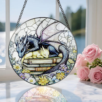 Stained Glass Window Hanging, 8 Inch Dragon Stained Glass Suncatcher, Dragon Decor, Home Decor for Windows, Book Lover Gift, Gifts for Book Lovers, Gifts for Bookworm on Birthday Christmas
