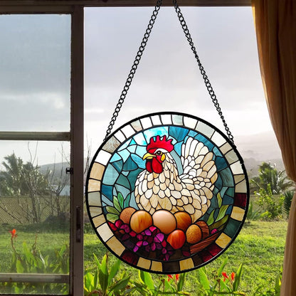 Stained Glass Window Hanging White Chicken Hatching Eggs 9.8" - Suncatcher Door Garden Sunroom Sun Catcher Home Decor Birthday Christmas for Mom Men Woman Nana
